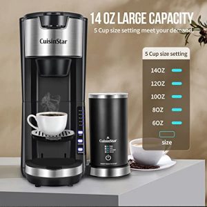 CuisinStar Coffee Maker With Milk Frother, 2 In 1 Single Serve Coffee Machine for K Cup Pod and Ground Coffee, Fast Single Cup Latte Cappuccino Coffee Brewer, Portable Coffee Makers with Coffee Pod Holder Organizer