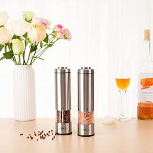 Electric Salt and Pepper Grinder Set-Battery Operated Stainless Steel Mill (2)with led light -Automatic  one-handed  operation shaker - Acacia Wood base Ceramic Grinders with stand-Batteries INCLUDED
