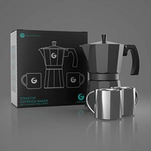 Coffee Gator Moka Pot - 6 Cup, Stovetop Espresso Maker - Classic Italian and Cuban Coffee Percolator w/ 2 Stainless-Steel Cups – Matte Black, Aluminum
