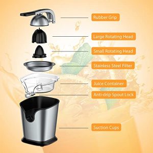 Ainclte Electric Citrus Juicer Squeezer Stainless Steel 150 Watts of Power for Orange Lemon Lime Grapefruit Juice with Soft Rubber Grip, Filter and Anti-drip Spout Lock - Black, Black/Stainless Steel
