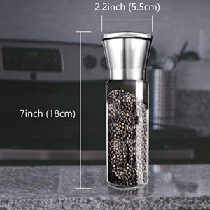 Luvan Stainless Steel Salt and Pepper Grinder Set of 2,7oz Refillable Salt and Spice Shakers,Adjustable Glass Body Coarse Mills,Pepper Mill with 2 Spare Ceramic Cores,Suitable for Kitchen,Picnic,BBQ
