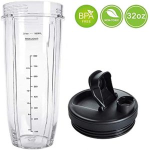 32OZ Replacement Cup with Flip Top To-go Lid & 7 Fins Blade Compatible with Nutri Ninja Auto IQ 1000W Blender BL482 BL480-30 BL482-30 BL682