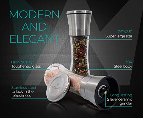 Salt and Pepper Grinder Set Of 2 - Adjustable Ceramic Coarseness, Tall Glass Refillable Stainless Steel Salt and Pepper Mill Shakers For Black Peppercorn, Salt W/ Wooden Spoon and Cleaning Brush