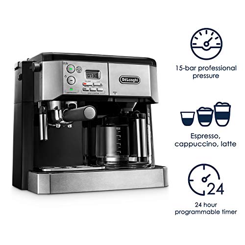 DeLonghi BCO430 Combination Pump Espresso and 10-Cup Drip Coffee Machine with Frothing Wand, Silver and Black