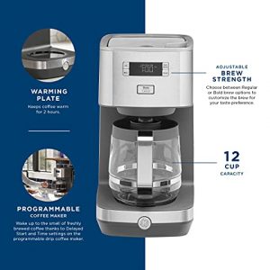 GE Drip Coffee Maker With Timer | 12-Cup Glass Carafe Coffee Pot With Warming Plate | Adjustable Brew Strength | Wide Shower Head for Maximum Flavor | Kitchen Essentials | Stainless Steel