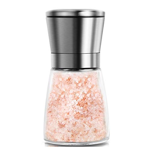Mincham Manual Salt or Pepper Grinder for Professional Chef, Best Spice Mill with Stainless Steel Cap, Ceramic Blades and Adjustable Coarseness, Refillable Glass Body with 6OZ Capacity
