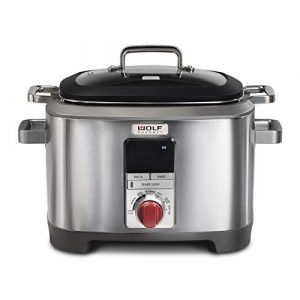 Wolf Gourmet Programmable 6-in-1 Multi Cooker with Temperature Probe, 7 qrt, Slow Cook, Rice, Sauté, Sear, Sous Vide, Stainless Steel, Red Knob (WGSC100S)