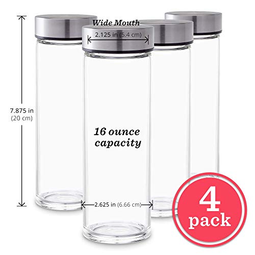 Juice Bottles - 4 Pack Wide Mouth Glass Bottles with Lids - for Juicing, Smoothies, Infused Water, Beverage Storage - 16oz, BPA Free, Stainless Steel Lids, Leakproof, Reusable, Borosilicate