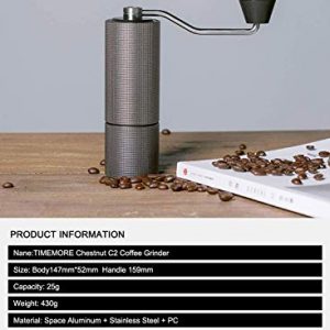 TIMEMORE Chestnut C2 Manual Coffee Grinder Capacity 25g with CNC Stainless Steel Conical Burr - Internal Adjustable Setting,Double Bearing Positioning,French Press Coffee for Hand Grinder Gift