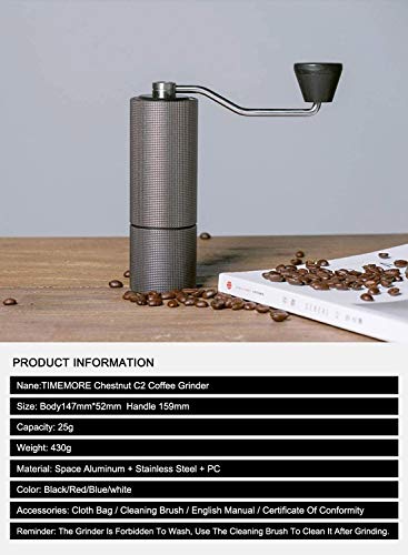 TIMEMORE Chestnut C2 Manual Coffee Grinder Capacity 25g with CNC Stainless Steel Conical Burr - Internal Adjustable Setting,Double Bearing Positioning,French Press Coffee for Hand Grinder Gift