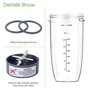 New Blender Cup and Blade Replacement Parts 32oz Cup and Extractor Blade and 2 Rubber Gaskets 4-Piece Compatible with NutriBullet High-Speed Blender/Mixer System 600W/900W Series