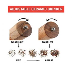 UppWell Wooden Salt & Pepper Mill Set, Ceramic Grinders & Adjustable Coarseness, Refillable | Made From Sustainable Acacia Wood | Includes Bonus Spoon