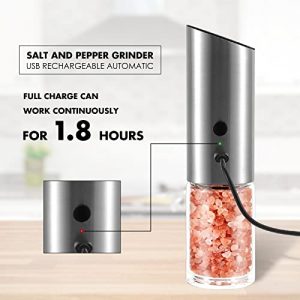 Vzaahu Gravity Electric Pepper and Salt Grinder Set of 2 - Rechargeable, Refillable, Adjustable Coarseness, Stainless Steel Salt Pepper Mill with LED light - One Hand Operation, Sliver