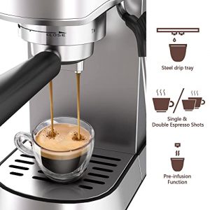 Espresso Machine, Wirsh 15 Bar Espresso Maker with Commercial Steam Frother,Compact Expresso Coffee Machine with 42oz Removable Reservoir for Cappuccino and Latte, Brushed Stainless Steel