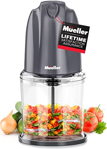Mueller Electric Chopper Mini Food Processor for Vegetables, Fruits, Nuts, Meats, and Puree - 2 Stainless Steel Blades & Whisk for Chopping, Blending, Slicing, Whisking, Gray