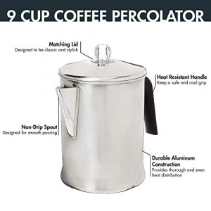 Primula Today Aluminum Stove Top Percolator Maker Durable, Brew Coffee On Stovetop, 9 Cup