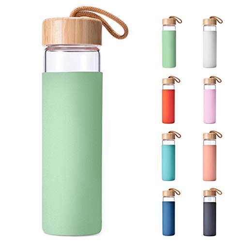 Yomious Borosilicate Glass Water Bottle with Bamboo Lid and Silicone Sleeve - 20 oz – BPA Free – Eco Friendly and Reusable – Leak Proof Design – Carry Strap Built into Lid