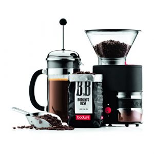 Bodum Bistro Burr Coffee Grinder, 1 EA, Black & 11571-109 Pour Over Coffee Maker with Permanent Filter, Glass, 34 Ounce, 1 Liter, Cork Band