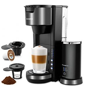 Coffee Maker with Milk Frother, 2 In 1 Single Serve Coffee Machine for K Cup Pod and Ground Coffee, Fast Brew Compact Cappuccino Latte Machine Single Cup Brewer with 30 oz Detachable Reservoir, Black