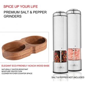 Electric Salt and Pepper Grinder Set-Battery Operated Stainless Steel Mill (2)with led light -Automatic  one-handed  operation shaker - Acacia Wood base Ceramic Grinders with stand-Batteries INCLUDED