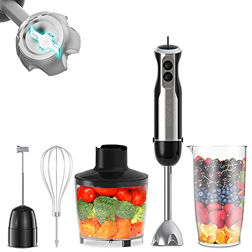 Wancle Immersion Hand Blender, 16-Speed 5-in-1 Multi-function Stick Blender With 500ml Chopper, 600ml Container, Whisk, Milk Frother for Puree Infant Food, Soups, Sauces, Smoothies