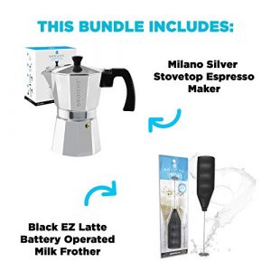 GROSCHE Milano Stovetop espresso maker (9 espresso cup size 15.2 oz) Silver, and battery operated milk frother bundle for Moka lattes