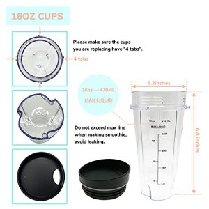 Blender 2 Pack 16 oz Cups & 6 Fins Extractor Blade Replacement Part Compatible with Nutri Ninja Professional Blender BL660, BL770, BL780, BL660B, BL740, BL770A, BL771, BL772, BL773, BL773CO, BL780CO