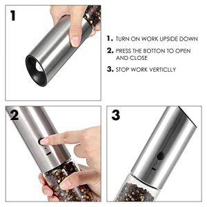 Vzaahu Gravity Electric Pepper and Salt Grinder Set of 2 - Rechargeable, Refillable, Adjustable Coarseness, Stainless Steel Salt Pepper Mill with LED light - One Hand Operation, Sliver
