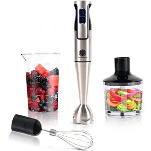 King Superior Upgraded Immersion Hand Blender with 500W Stainless Steel Stick, 2-Cup Food Processor, 2 ½-Cup Beaker, Power Whisk, BPA-Free