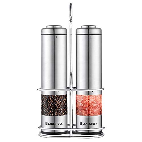 Electric Salt and pepper grinder by Lanestock - Combo set of battery operated stainless steel spice grinders with stand - LED light and adjustable knob on each mill - Powerful motor - long life-span
