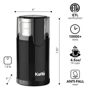 Kaffe Electric Blade Coffee Grinder w/ Removable Cup. 4.5oz 14-Cup Capacity. Cleaning Brush Included (Black) Perfect Grinder for Coffee, Tea, Spices, Corn, Herbs.