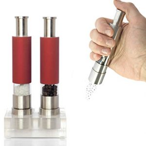 Grind Gourmet 2021 Newly Updated Design Salt and Pepper Grinder Set of 2 with Modern Thumb Push Button Red Grinder, Premium Stainless Steel, for Black Pepper, Sea Salt and Himalayan Salt, With Stand, Peppermill are Refillable