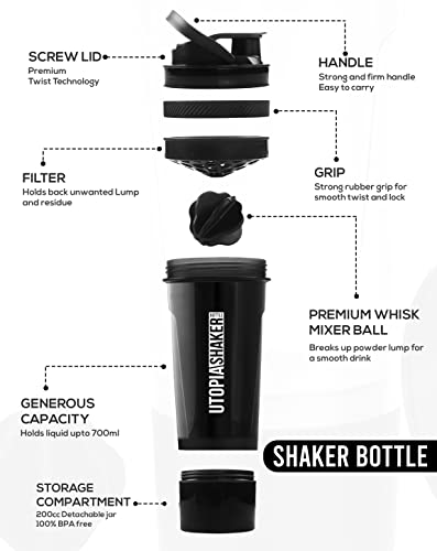 Utopia Home 2-Pack Shaker Bottle - 24 Ounce Protein Shaker Bottle for Pre & Post workout drinks - Classic Protein Mixer Shaker Bottle with Twist and Lock Protein Box Storage(All Black & Clear/Black)