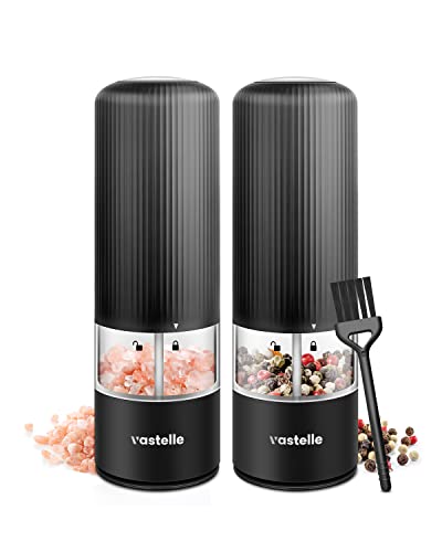 VASTELLE Electric Salt and Pepper Grinder Set, Automatic Pepper Grinder Battery Operated with Adjustable Coarseness, Electric Pepper Mill Set with Light, Ceramic Grinders (2 Pack)