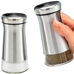 HOME EC Glass Salt and Pepper Shakers Set with Adjustable Pour Holes - Stainless Steel Salt Shaker and Pepper Shaker - Farmhouse Salt and Pepper Shaker Set for Himalayan, Kosher Sea Salts & Spices