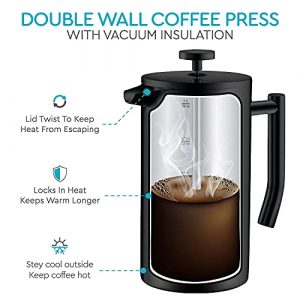 Large French Press Coffee Maker - 50oz, 1.5L Double Wall 304 Stainless Steel Coffee Press - 4 Level Filtration System with 2 Extra Filters, Black