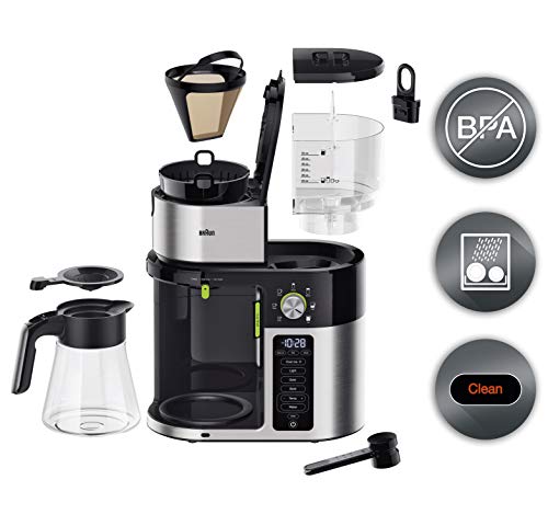 Braun MultiServe Coffee Machine 7 Programmable Brew Sizes / 3 Strengths + Iced Coffee & Hot Water for Tea, Glass Carafe (10-Cup), Stainless/Black, KF9150BK