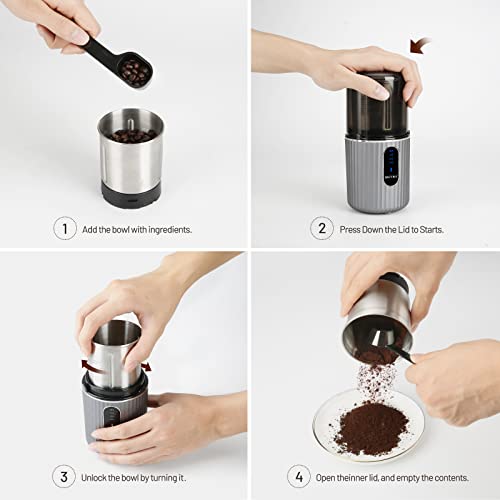 Secura Cordless Coffee Grinder Electric, Spice Grinder Electric, USB Rechargeable Coffee Bean Grinder for Spices and Seeds with 304 Stainless Steel Blades Removable Bowl