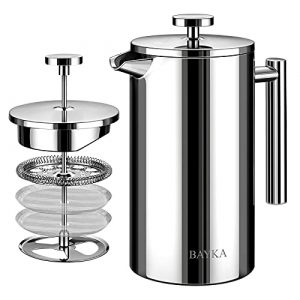 BAYKA French Press Coffee Maker, 304 Grade Stainless Steel with 4-Level Filtration Systems, 34Oz(1L) Coffee Press for Home Office, Dishwasher Safe, Silver