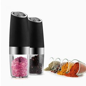 Electric Pepper Grinder Salt Mill Gravity Control Shaker Automatic Operated Battery Powered Large Capacity Transparent Lid Adjustable Coarseness with Led Light (2, Black)