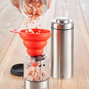 GZOOGHOME Electric Salt and Pepper Grinder Set - Battery Operated Automatic One Handed Salt Pepper Mill with Funnel and Bottom Cap - Ceramic Grinders with Lights and Adjustable Coarseness