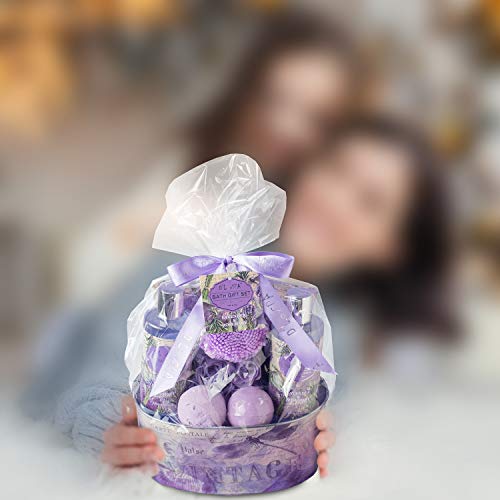 Relaxing Bath Gift Set for Women - Lavender and Rosemary Aromatherapy Basket at Home Spa Kit – Mothers day Birthday Holiday Gift Ideas for Mom - 13 Pack with Bubble Bath Bombs Show Gel Body Lotion