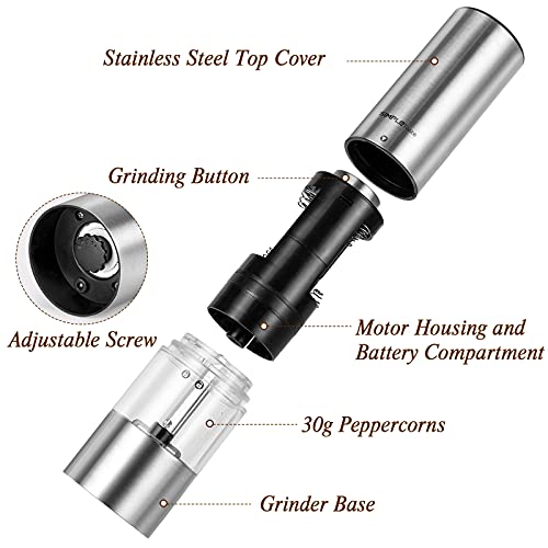 SIMPLETASTE Electric Pepper Grinder Mill, Salt and Pepper Grinder Set with Automatic Operation and Adjustable Coarseness, Battery Operated, Stainless Steel, Set of 2
