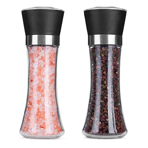Hotder Premium Pepper and Salt Grinder Set of 2-Refillable Coarseness Adjustable Pepper Mill Shaker with Glass Body Christmas Gift( Two Pack),(Not Include Salt and Pepper)