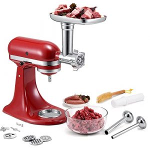 Metal Food Grinder Attachments for KitchenAid Stand Mixers, Meat Grinder, Sausage Stuffer Includes Two Sausage Stuffer Tubes, Durable Perfect Attachment for KitchenAid Mixers, Sliver
