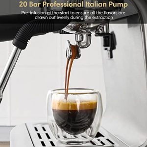 Espresso Machine with Grinder & Steam Wand, 20 Bar Semi Automatic Espresso Coffee Machine Latte and Cappuccino Coffee Maker All in One Espresso Machine For Home Barista, Brushed Stainless Steel