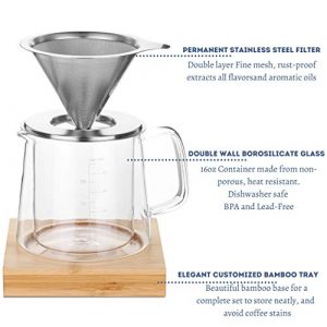 BTaT- Pour Over Coffee Maker Set, Double Wall Glass, 16 oz, Drip Coffee Maker, Permanent Filter, Coffee Maker Pour Over, Manual Coffee Maker, Coffee Pour Over, Glass Pour Over Coffee Maker, Dripper