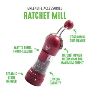 GreenLife Salt and Pepper Grinder, Mess-Free Ratchet Mill, Adjustable Coarseness and Easily Refillable, Red