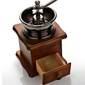 A + kitchen Wooden Manual Coffee Grinder Vintage Style Hand Coffee Mill Burr Coffee Grinder with Ceramic Hand Crank+Wooden Manual Coffee Grinder Cleaning Brush, Brown, 20 x 9.5 x 16.5 cm (A3329)