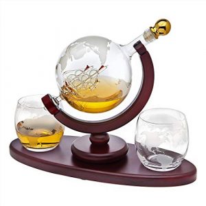 Whiskey Decanter Globe Set with 2 Etched Whiskey Glasses - for Liquor Scotch Bourbon Vodka, Gifts For Men - 850ml